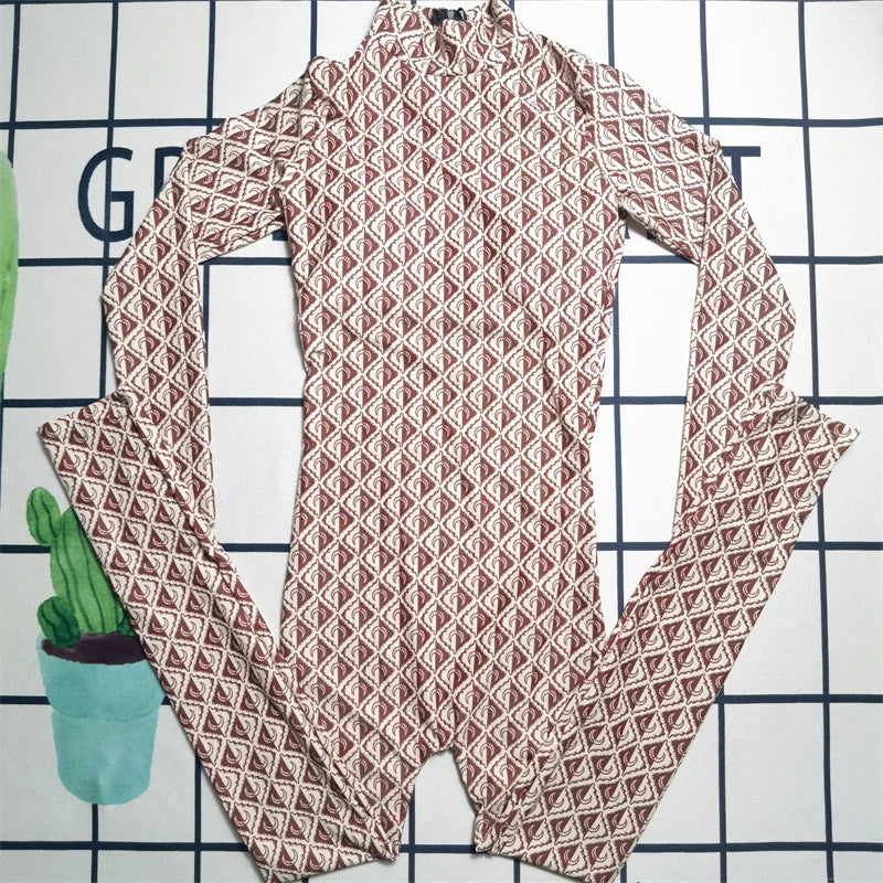 2025 New Womens Moon Print Tight Fitting Conservative Slim Fit Long Sleeved Round Neck Jumpsuit