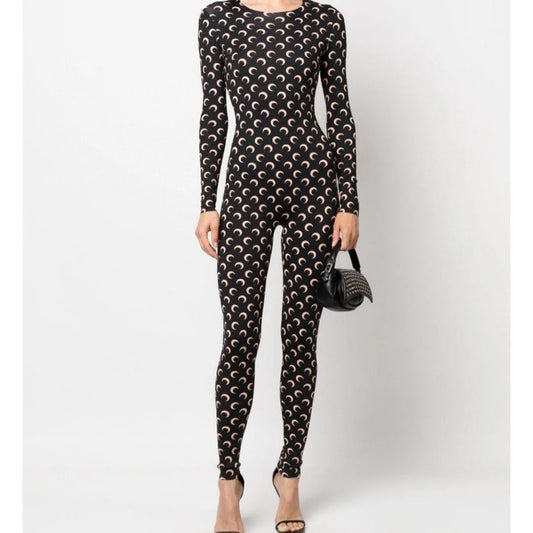 2025 New Womens Moon Print Tight Fitting Conservative Slim Fit Long Sleeved Round Neck Jumpsuit